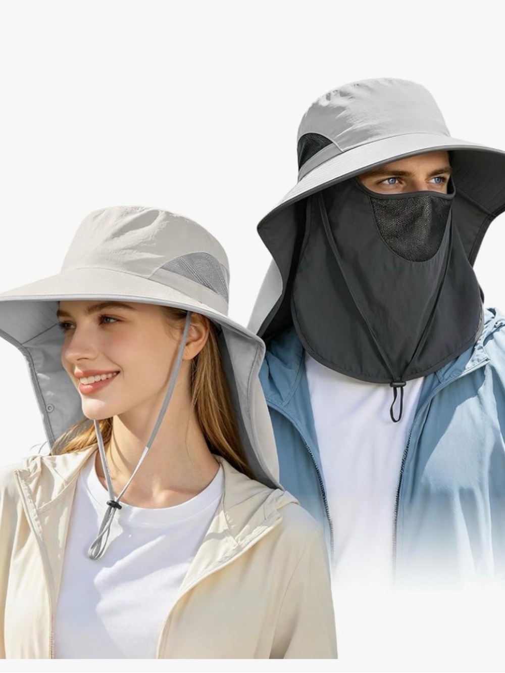Set of 2 Sun Protection Wide Brim Hat with Neck Flap - Light Gray & Dark Gray - Picture 4 of 8